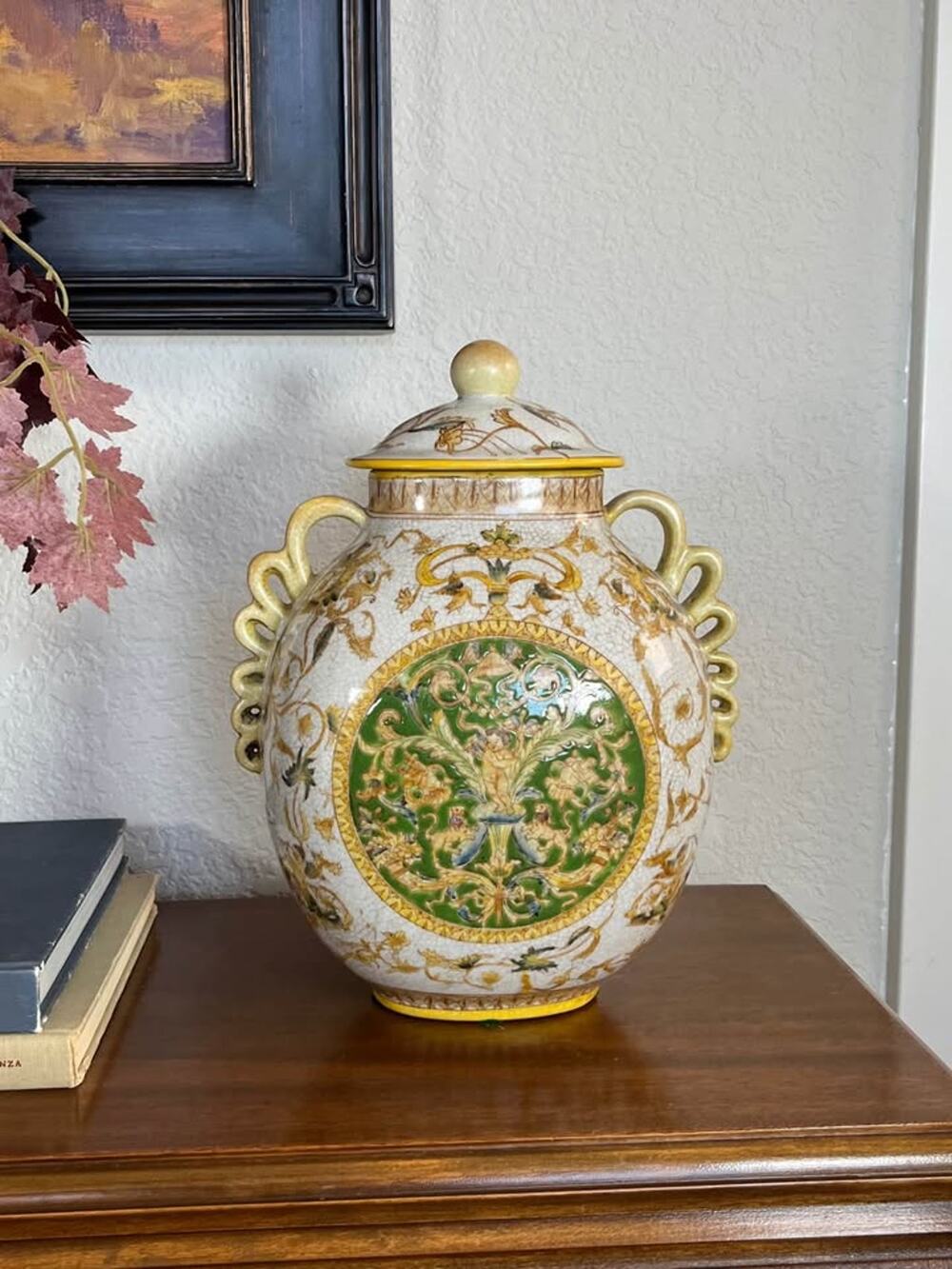 Vintage Italian Majolica Style Ceramic Lidded Urn
